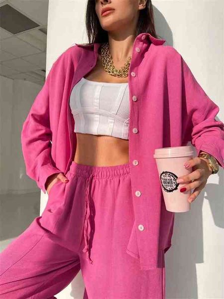 

2022 autumn casual women shirt trouser suit female solid long sleeve shirts with high waist harem pants two piece set outfits t220729, Gray