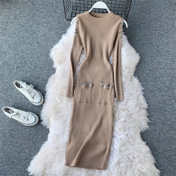 

new fashion women bodycon dress autumn winter slim hollow shoulders long robe woman vintage nail bead knitted dresses 201110, Black;gray