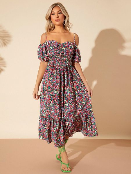 

ditsy floral puff sleeve cold shoulder ruffle hem dress p7ug#, Black;gray