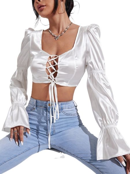 

lace up front flounce sleeve crop t2ow#, White