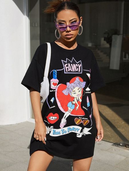 

figure & slogan graphic tee dress g6up#, Black;gray