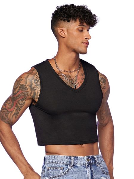 

men solid v neck crop tank 66lm#, White;black