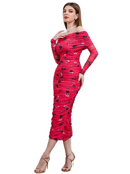 

allover floral print off shoulder ruched dress e1iy#, Black;gray