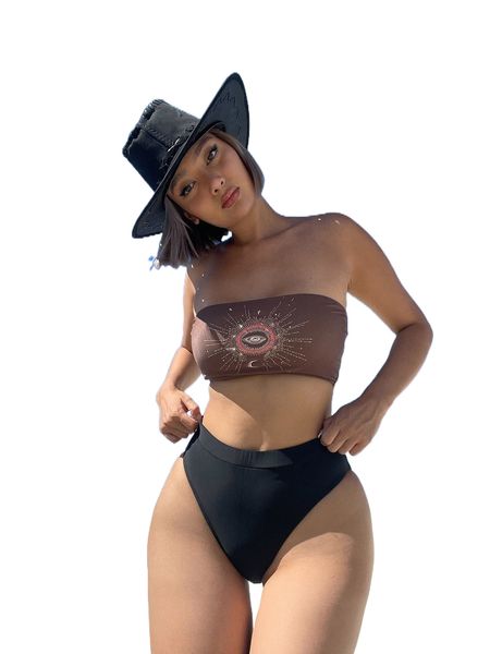 

romwe goth graphic print backless strapless bikini p76l#, White;black