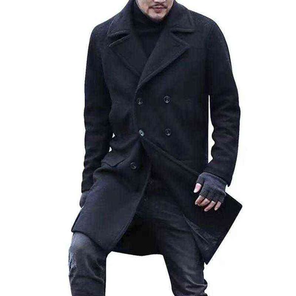 

men's wool & blends coats autumn winter 2021 double-breasted mid-length business turn-down collar trench solid color men overcoats t220, Black