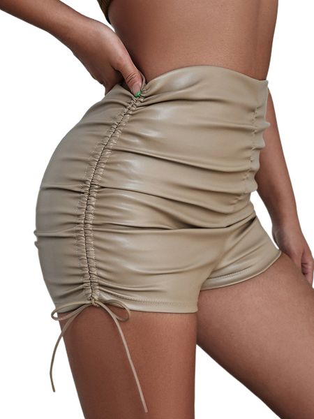 

drawstring side pu leather shorts o6kg#, White;black