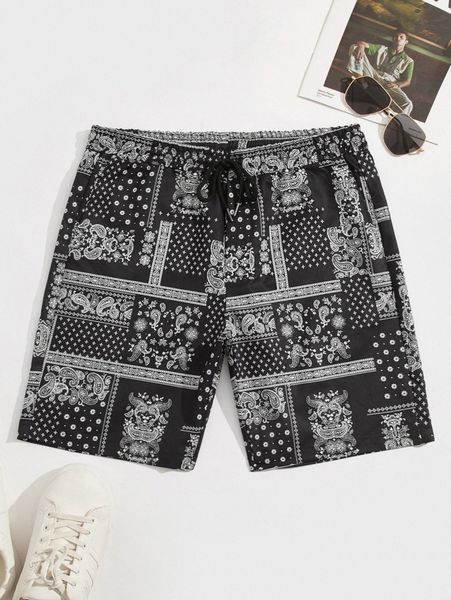 

men paisley print drawstring waist shorts 7930#, White;black