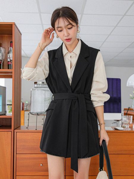 

dazy lapel collar flap detail belted vest blazer k45e#, White