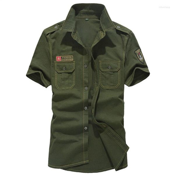 Camicie casual da uomo Taglie forti M-6XL Camicie da uomo in cotone ricamato Camicie a maniche corte stile uniforme militare da uomo