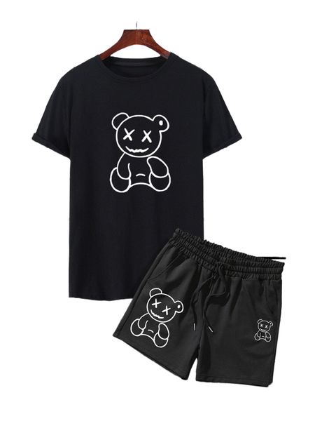 

men cartoon graphic tee & drawstring shorts e4vg#, Gray