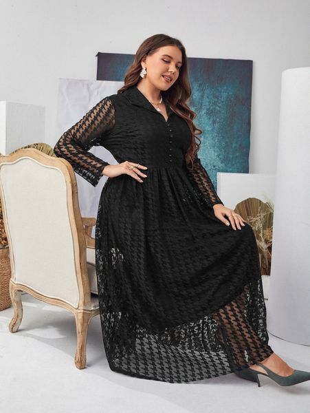

plus houndstooth mesh overlay dress r4q3#, Black