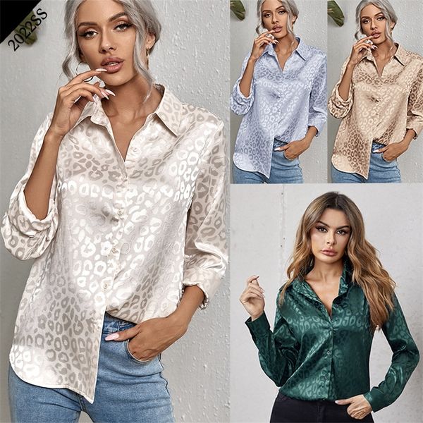 

office lady leopard print shirt spring autumn work wear turn-down collar long sleeve single breasted blouse womens clothing 220407, White