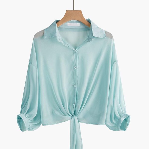 

women's blouses & shirts elliexi women chiffon blouse with buttons half sleeve bandage transparent casual sunscreen shirt for womenwome, White