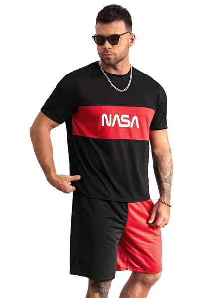 

men colorblock letter graphic tee with drawstring waist shorts 899g#, Gray