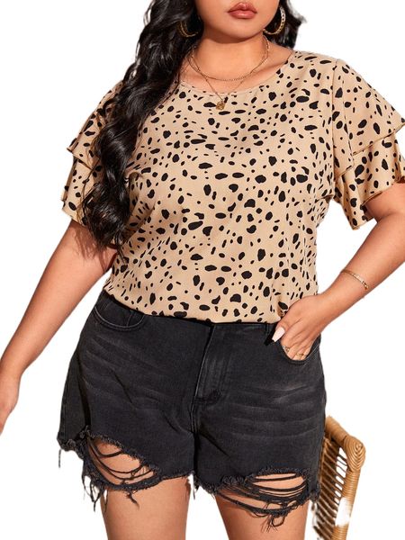 

plus allover print layered sleeve blouse 78hw#, Black