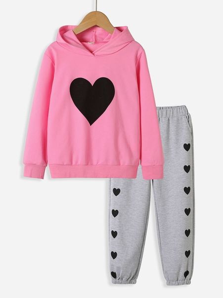 

girls heart print hoodie & sweatpants she, White