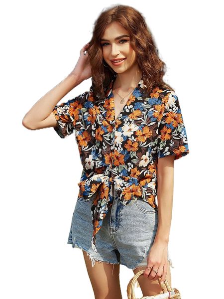 

floral print tie front x5qm#, White