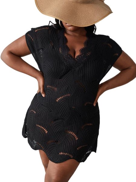 

plus contrast lace batwing sleeve cover up l4k3#, Black