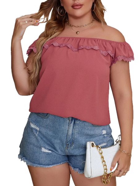 

plus off shoulder ruffle trim lace detail blouse a23m#, Black