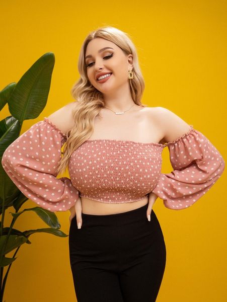 

plus polka dot frilled off shoulder shirred crop i905#, Black