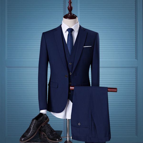 Men's suit fashion slim solid color suit vest pants three-piece set single row one button professional formal wear