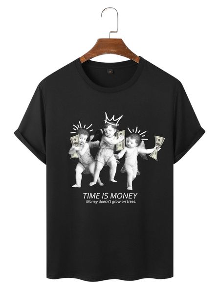 

men slogan & angel print tee p3po#, White;black