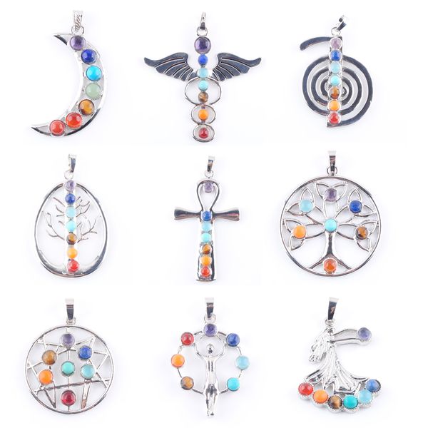 

7 chakra reiki pendant health amulet healing natural gemstone tree of life moon angle wings meditating figure dangle charm fit necklace dbn3, Silver