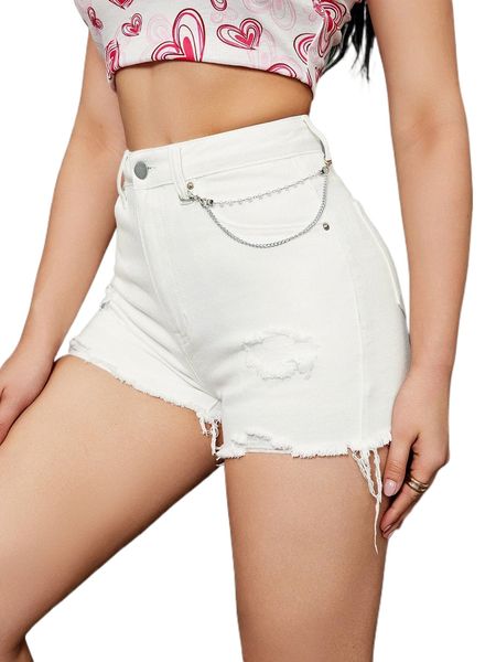 

raw hem ripped chain detail shorts c7s9#, White;black