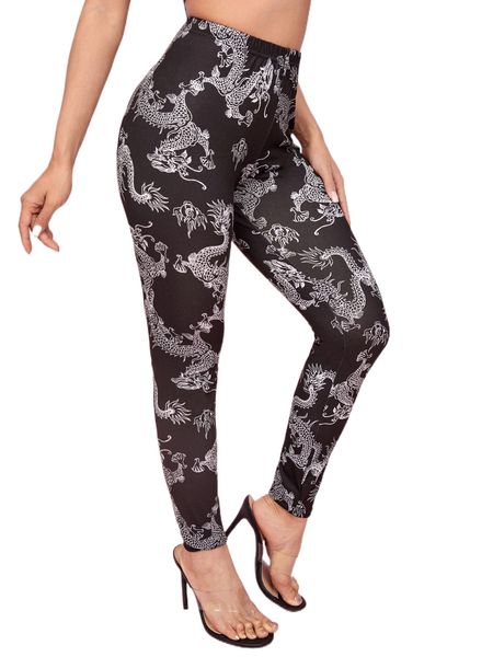 

chinese dragon print high waist leggings a2qr#, White;black