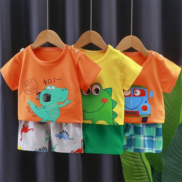 Roupas de verão para crianças recrie cartoon Dinossauros de carros de gato de gato para crianças meninos e meninas calças de camiseta 2 pcs 220620