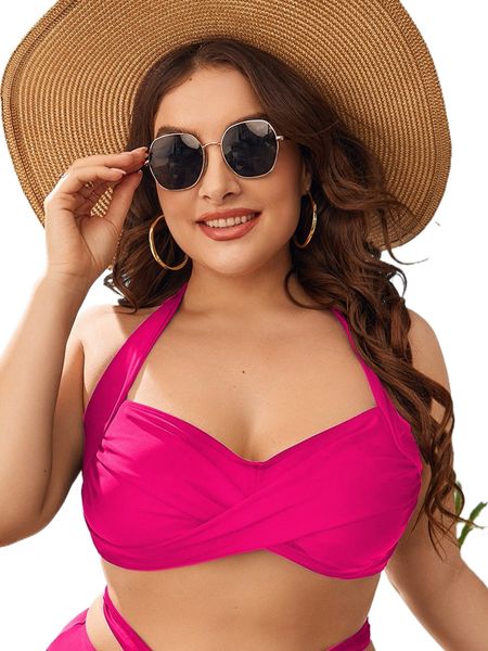 

plus crossover tie back underwire halter bikini 75da#, Black