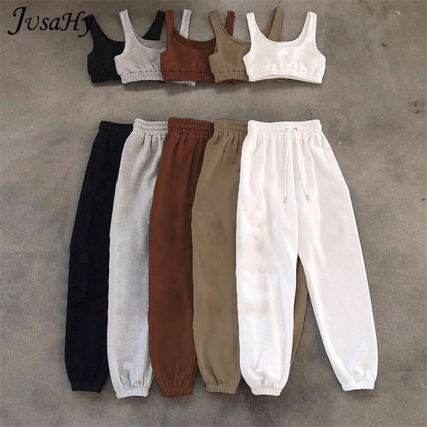 

jusahy simple cotton casual solid slim stretch two piece sets women sports crop igh waist lacing slack streetwear tracksuit 220606, Gray