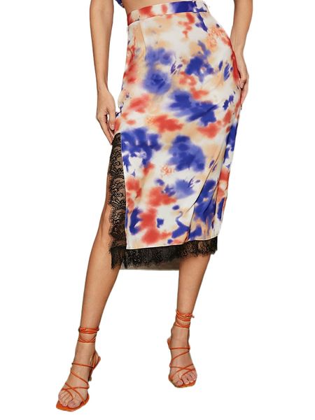 

tie dye contrast lace split hem skirt x7wk#, Black