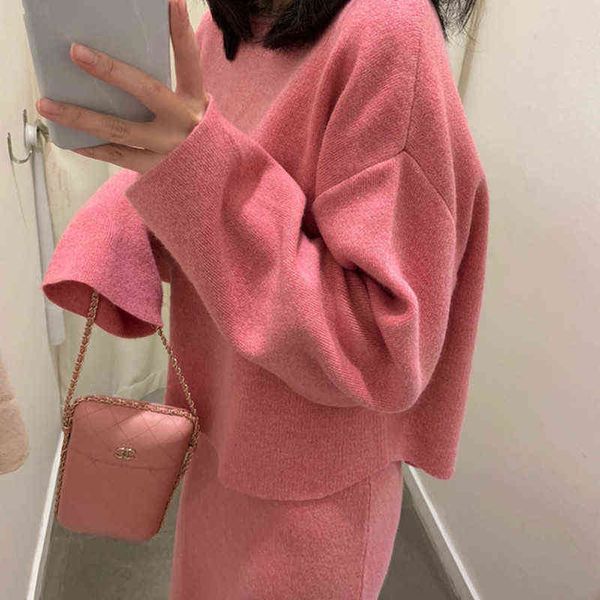 

zawfl elegant ladies solid sweater skirt 2 piece set women fashion o neck long sleeve knitted pullovers skirt suits winter t220729, Gray