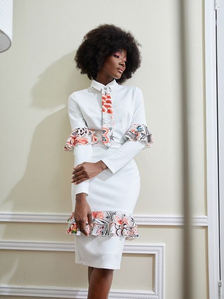 

x shimaa sabry contrast floral ruffle trim dress with tie 21gx#, Black;gray