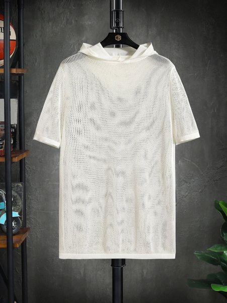 

men solid hooded open knit t3bz#, White;black