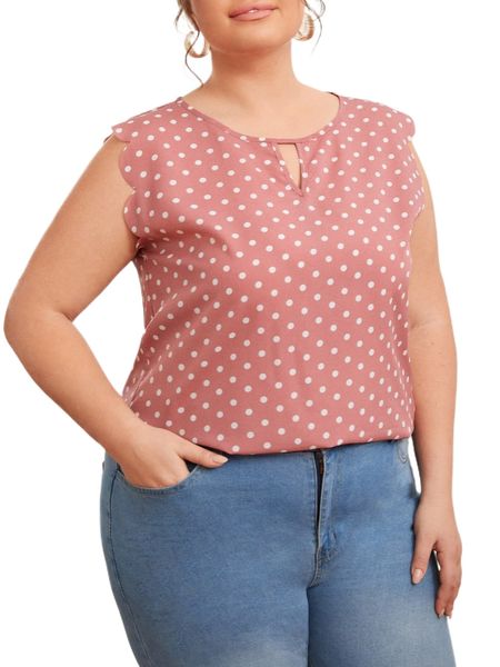 

plus keyhole neck scallop edge polka dot x33u#, Black