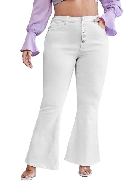 

plus button fly flare leg jeans 25b8#, Blue