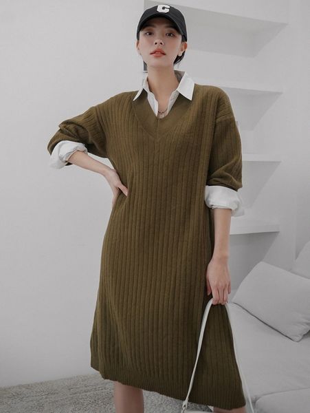

dazy v neck drop shoulder sweater dress without blouse f0ln#, White;black