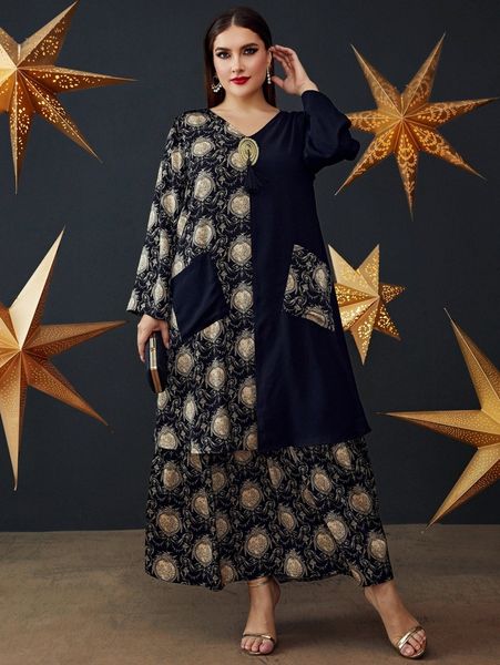 

plus graphic print pocket patched dress x8yr#, Black