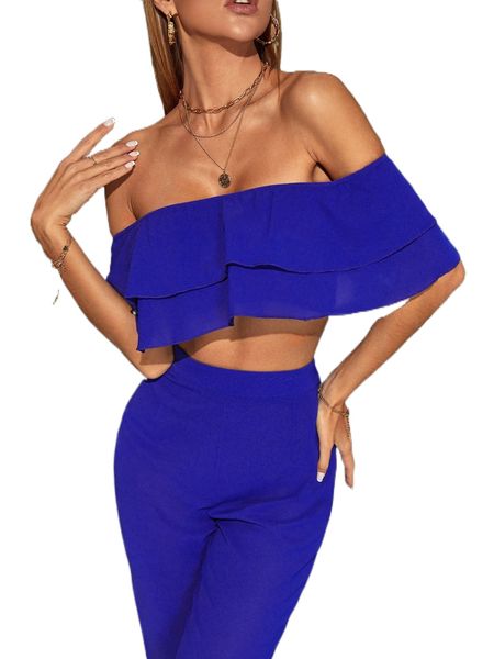 

off shoulder crop & ruffle hem cropped pants set u68k#, White