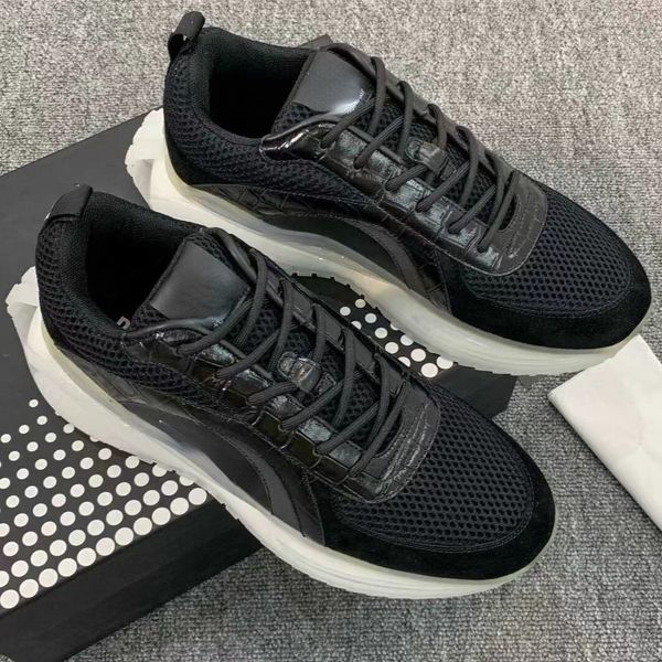 

casual men's shoes boots op43 leather stitching breathable mesh transparent thick sole famous brand all match high-grade sports shoes, Black