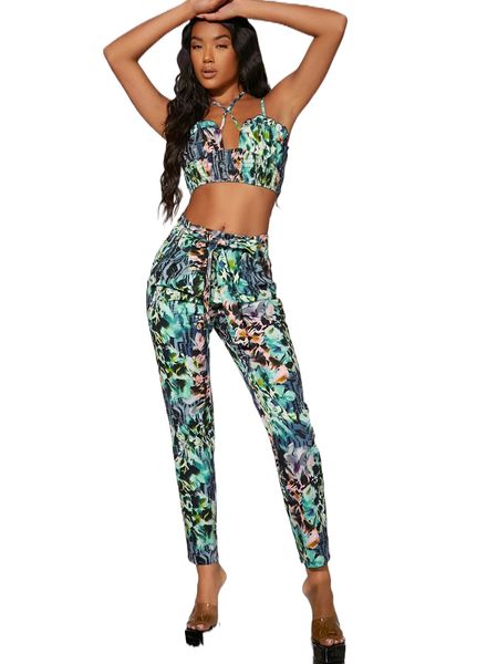 

bae crisscross shirred tie dye crop cami & pants set j0fq#, White