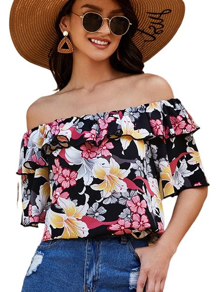 

off shoulder ruffle trim floral print j3r3#, White