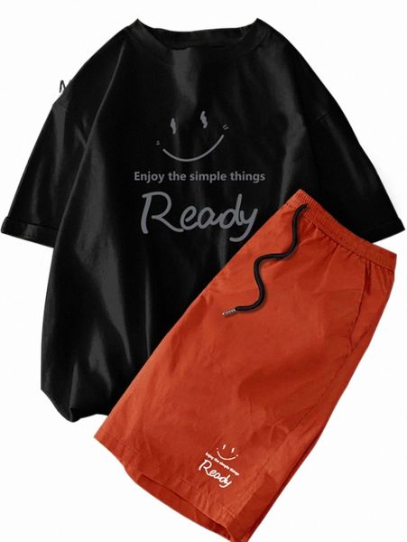 

men cartoon & slogan graphic tee & shorts o25x#, Gray