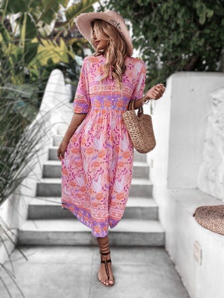

floral print tie neck dress 83s0#, Black;gray