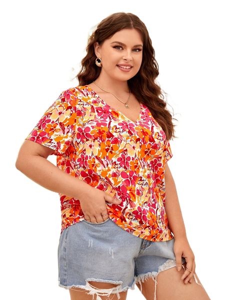 

plus allover floral print blouse s3di#, Black