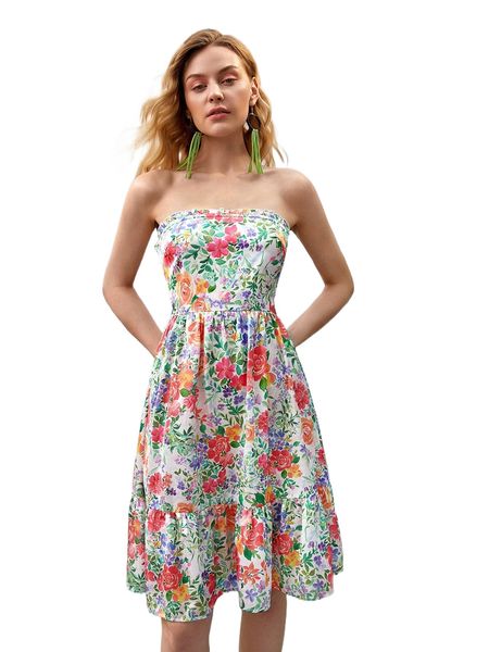 

floral print tie backless ruffle hem tube dress i4am#, Black;gray