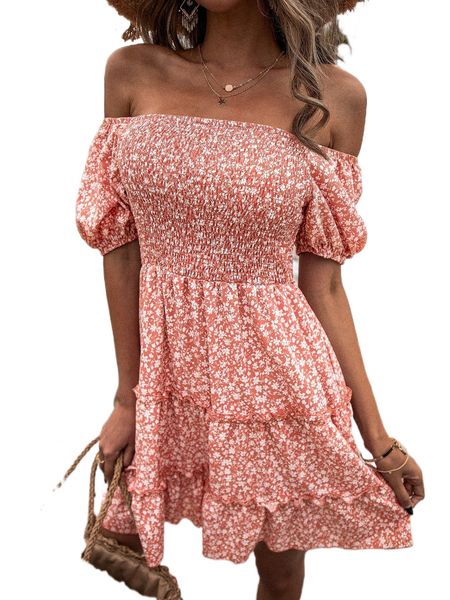 

ditsy floral print off shoulder shirred frill trim dress t4r7#, Black;gray