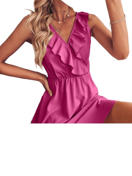 

solid ruffle trim sleeveless dress l1vj#, Black;gray